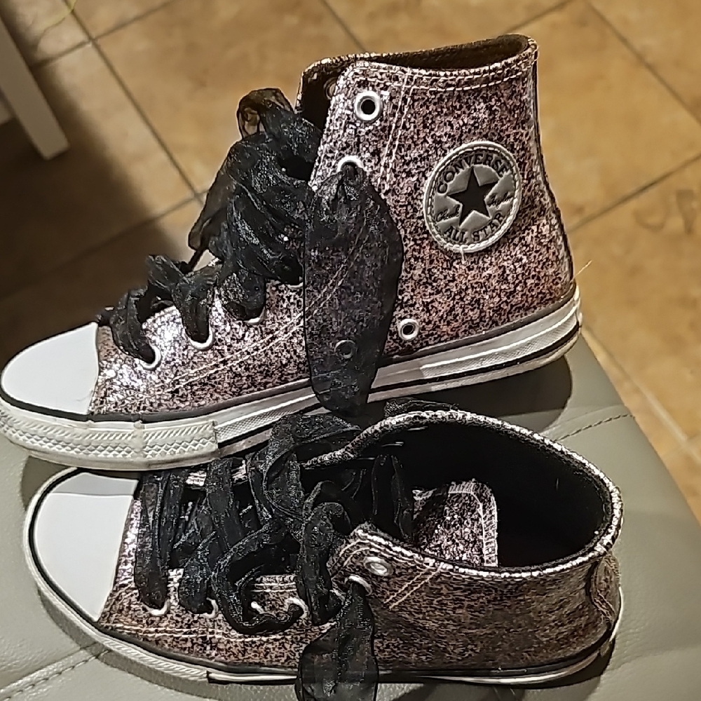 Converse Big Kids High-Top Sneakers - Glittery Pink and Black.